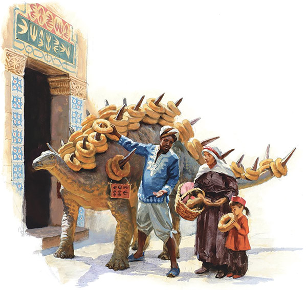 a dinosaur and two people